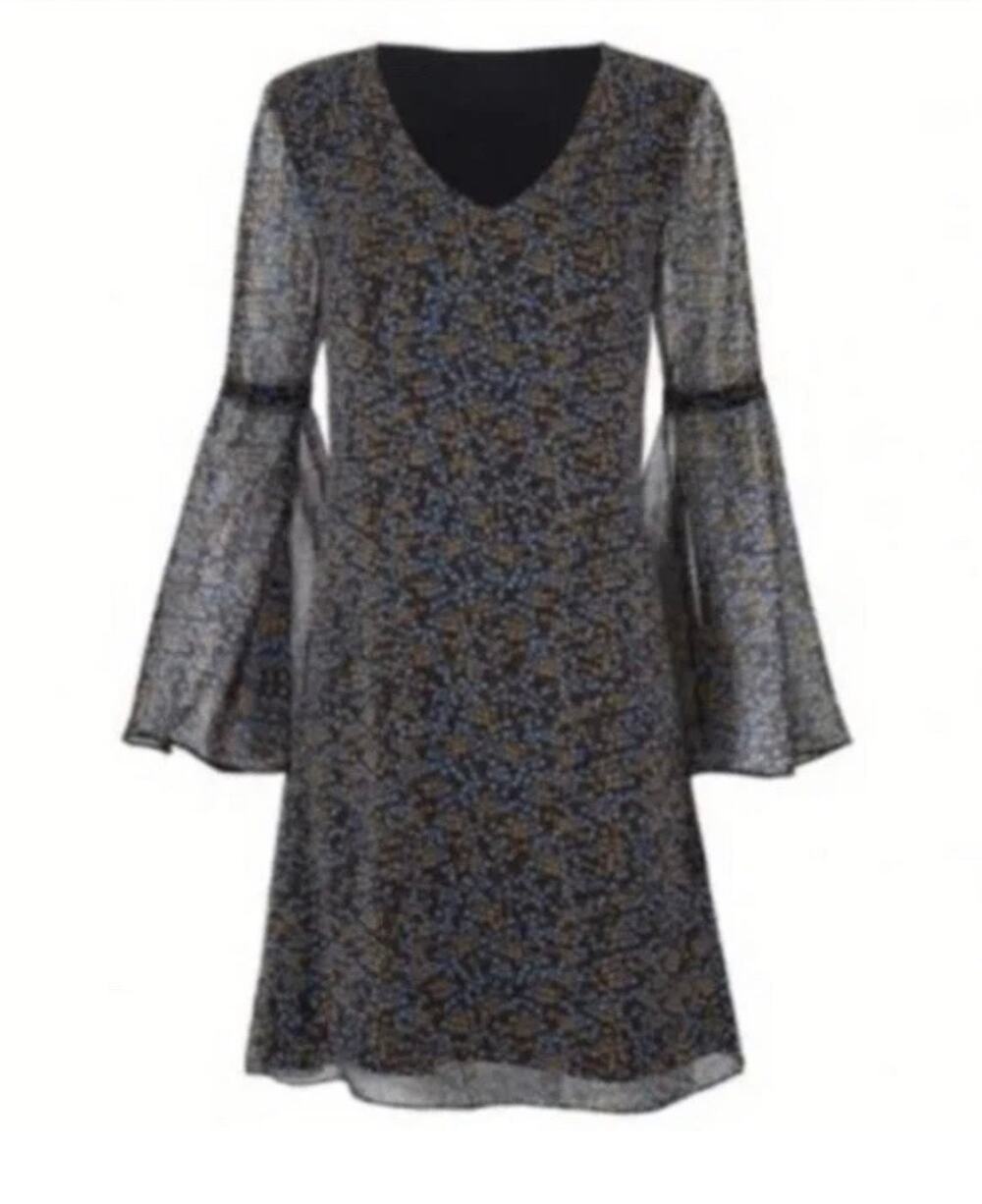 Cabi 3648 Poise Dress Floral Chiffon Bell Sleeves Sz XL Boho Cottagecore Sheer
